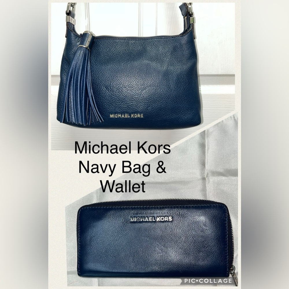 Michael Kors Navy Blue Leather Crossbody Bag and Wallet 2 Piece Set